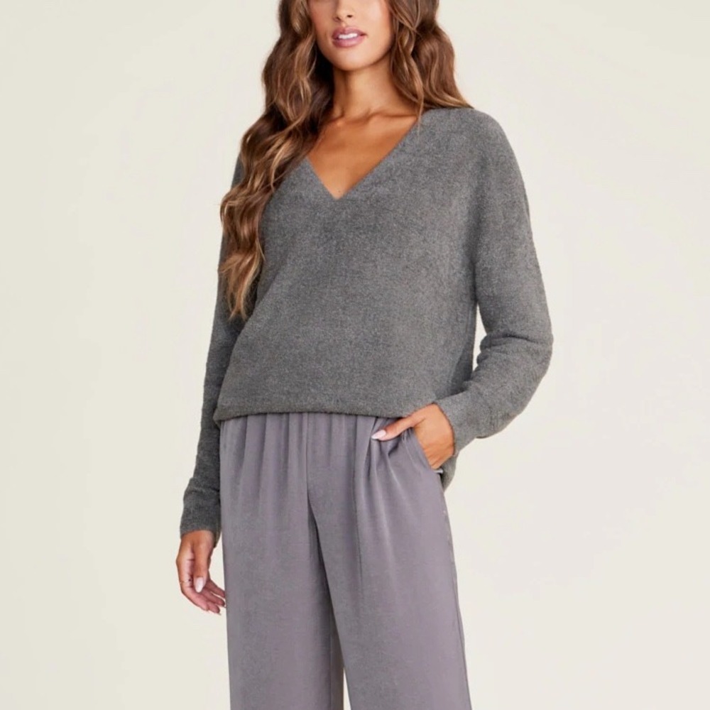 Barefoot Dreams CozyChic Lite V-Neck Pullover Sweater Carbon Gray BDWCL20971 S